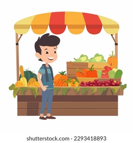 Vegetable and fruit stall. Small food market. Healthy lifestyle. Organic food. Farm products. Cartoon vector illustration. label, sticker, t-shirt printing