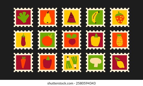 Vegetable and fruit stamp set – cabbage, tomato, celery, carrots, apple, banana, orange, pear, grapes, strawberry, watermelon. Includes postage stamp or poster designs in Flat and naive style