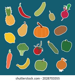 Vegetable and fruit stickers, design for children. Vector illustration