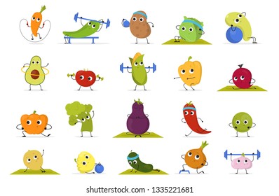 Vegetable and fruit training set. Collection of food character doing sport exercise. Funny face. Meditation and workout with dumbbell. Isolated vector illustration in cartoon style