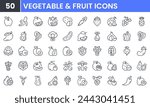 Vegetable and Fruit vector line icon set. Contain linear outline icons like Apple, Orange, Tomato, Potato, Carrot, Grapes, Mango, Spinach, Broccoli, Cucumber, Lemon, Garlic. Editable use and stroke.