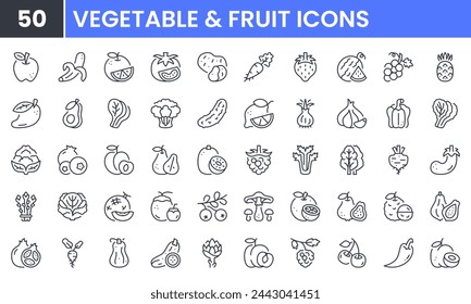 Conjunto de iconos de línea de vector de frutas y verduras. Contienen iconos de contorno lineal como manzana, naranja, tomate, papa, zanahoria, uvas, mango, espinacas, brócoli, pepino, limón, ajo. Uso y trazo editables.