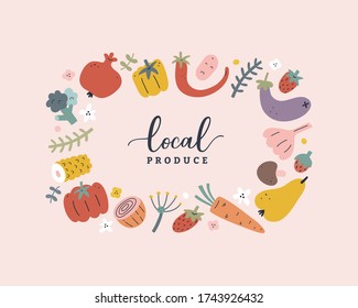 Vegetable and fruit vector template, modern design wreath border with hand drawn illustrations of food, vector frame with copy space, earthy colors, organic wgole foods concept for banner, card