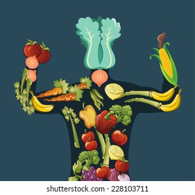 Vegetable and Fruit Vegetarian Body, Vector illustration cartoon.