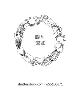 Vegetable and fruit wreath hand drawn in vector.Easy to use for Organic product labels.
