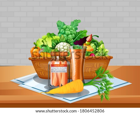 Vegetable and fruits in a basket on the table with brick wall background illustration