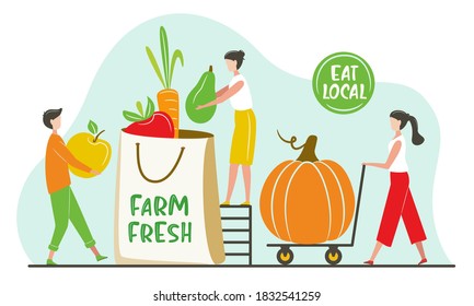 Vegetable and fruits farm market shop. Giant fruits/vegetables. Small tiny people collect order. Natural organic fresh food. Farm fresh, Eat local concept for Grocery Market, Online Store, Delivery