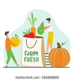 Mercado agrícola de verduras y frutas.  Pequeñas personas recolectan frutas/verduras gigantes. Comida fresca orgánica natural. Granja fresca, Comer concepto local para el mercado de comestibles, tienda en línea, entrega en casa