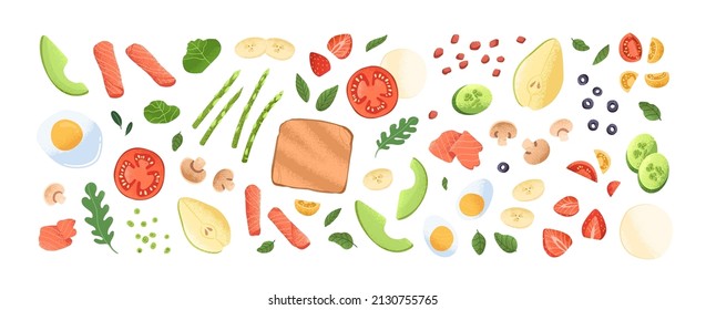 Vegetable, fruits, greens and berries pieces. Healthy food set. Toast slice and fresh ingredients, asparagus, avocado, eggs, tomato, mushroom. Flat vector illustration isolated on white background