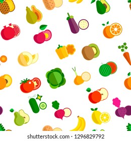 Vegetable and fruits organic food seamless pattern isolated on white vector. Pomegranate with juicy apple, pear and grapes, cherry and lemon. Peach and tomato, mushroom and garlic with onion
