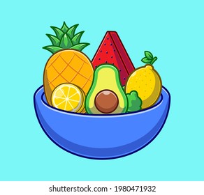 Vegetable and Fruits salad on bowl cartoon illustration. World food day concept flat illustration