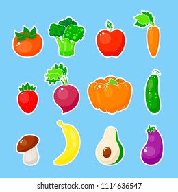 Vegetable fruits sticker. Colorful farm vegetable isolated icon. Healthy vegetable patch illustration. Happy food sticker, big collection. Carrot, tomato, broccoli.