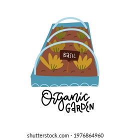 Vegetable garden with vegetable garden bed and bushes of basil. Lettering quote Organic garden concept. Vector flat illustration.