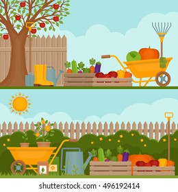 Vegetable Garden. Concept Of Gardening. Banner With Vegetable Garden. Organic And Healthy Food.  Flat Style, Vector Illustration. 