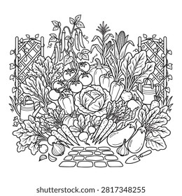 Vegetable garden featuring fresh produce like tomatoes peppers carrots cabbage eggplant corn and onions with gardening tools watering can and lattice panels design.