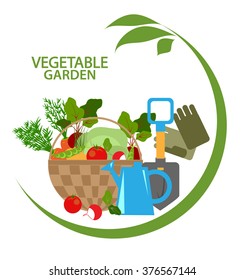 Vegetable garden, fresh vegetables in a basket and garden tools, emblem, vector illustration