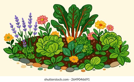 Jardim vegetal. Verdes legumes folhosos, ervas e flores coloridas florescentes cercadas de pedras texturizadas. Ilustração isolada de vetor.
