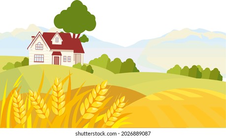 vegetable garden house trees fields mountains wheat