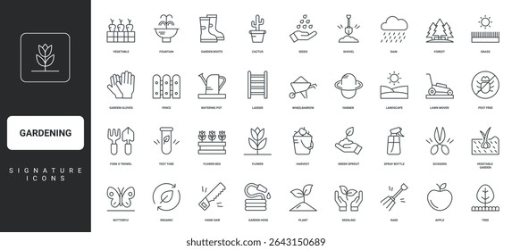 Jardim vegetal, paisagismo, cuidado de colheita fino preto esboço símbolos ilustração vetorial. Jardinagem, equipamentos agrícolas e ferramentas de florista, agricultura e conjunto de ícone de linha de cultivo de plantas.