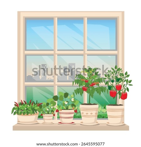 Vegetable garden on the window in a big city. Growing vegetables and berries at home on a balcony or windowsill. Vector illustration.