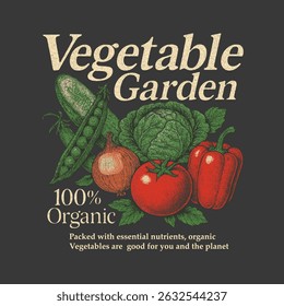 Vegetable Garden Organic vintage graphics. food fashion graphics. tomato broccoli capsicum vector. vegan t-shirt design. vintage retro Tasty food for design, Fresh vegan food