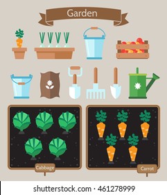 Vegetable garden planner flat design.Beds with cabbage, carrots. Garden tools. Garden set icons