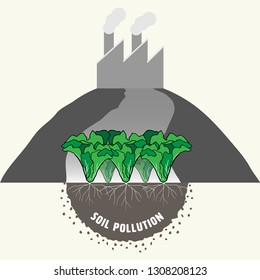 Vegetable garden showing roots in soil, representing industrial activity causing soil pollution and impact to food safety. Vector illustration.