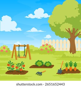 Jardín de vegetales con ilustración de oscilación