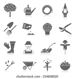 Vegetable garden watering hose black icons set with cartoon character silhouette and scarecrow abstract  isolated vector illustration