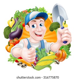 Vegetable gardener cartoon character in a cap and blue dungarees holding a garden hand spade trowel tool and giving a thumbs up surrounded by vegetables