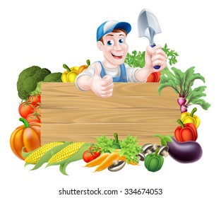 Vegetable gardener cartoon character sign. A cartoon gardener  holding a garden trowel tool above a wooden sign surrounded by vegetables