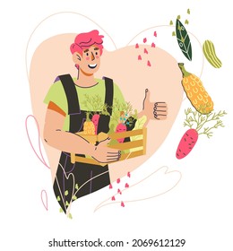 Vegetable gardener or farmer with his harvest.  Emblem or logotype element for farm production, vegetarian shop, farm fair and market, flat vector illustration isolated on white background.