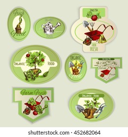 Vegetable gardening and organic food farm emblems set isolated vector illustration