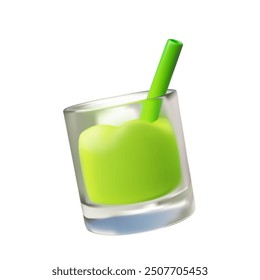 Vegetable grass. Vector 3D illustration depicting a green smoothie in a transparent glass with a straw. Herbal detox smoothie. Healthy eating. Cartoon plastic style. Icon for design.