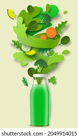 Vegetable green juice packaging glass bottle, paper cut fresh broccoli, carrot, cucumber, greens, vector illustration. Natural vegetable vitamin drink. Healthy organic beverage. Detox diet.