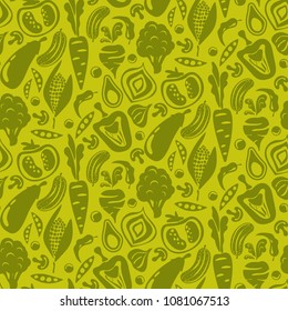 Vegetable green seamless background. Healthy raw food vector pattern.