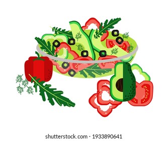Vegetable and greens salad. Proper nutrition. Ecological products. Vector illustration.
