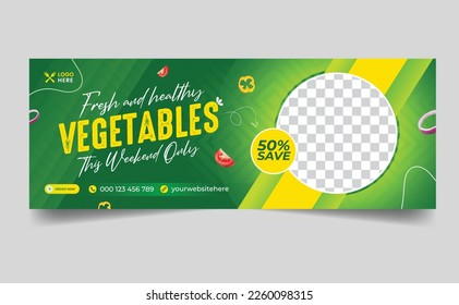 Diseño de portada de facebook de verduras y comestibles.