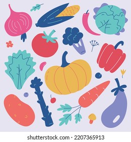 Vegetable hand drawn collection of doodle icons, vector illustrations of tomato, cabbage, onion, isolated colored set of fresh vegetables clipart on gray background