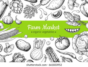 Vegetable Hand Drawn Vintage Vector Illustration. Farm Market Poster. Vegetarian Set Of Organic Products. Detailed Food Drawing. Great For Menu, Banner, Label, Logo, Flyer