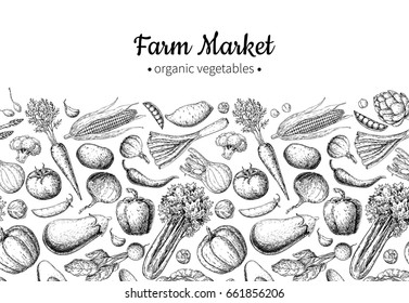 Vegetable hand drawn vintage vector illustration. Farm Market poster. Vegetarian set of organic products. Detailed food drawing. Great for menu, banner, label, logo, flyer