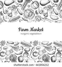 Vegetable hand drawn vintage vector illustration. Farm Market poster. Vegetarian set of organic products. Detailed food drawing. Great for menu, banner, label, logo, flyer