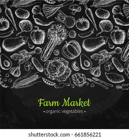 Vegetable hand drawn vintage vector illustration. Farm Market poster. Vegetarian set of organic products. Detailed food drawing. Great for menu, banner, label, logo, flyer