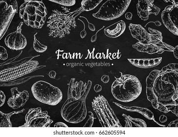 Vegetable hand drawn vintage vector illustration. Farm Market poster. Vegetarian set of organic products. Detailed food drawing. Great for menu, banner, label, logo, flyer