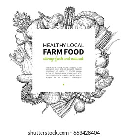 Vegetable hand drawn vintage vector frame illustration. Farm Market poster. Vegetarian set of organic products. Detailed food drawing. Great for menu, banner, label, logo, flyer