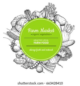 Vegetable hand drawn vintage vector illustration. Farm Market frame poster. Vegetarian set of organic products. Detailed food drawing. Great for menu, banner, label, logo, flyer