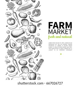 Vegetable hand drawn vintage vector illustration. Farm Market poster. Vegetarian set of organic products. Detailed food drawing. Great for menu, banner, label, logo, flyer