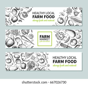 Vegetable hand drawn vintage vector banner. Farm Market poster. Vegetarian sketch of organic products. Detailed food drawing. Great for menu, template, brochure, label, logo, flyer, label