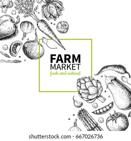 Vegetable hand drawn vintage vector frame illustration. Farm Market poster. Vegetarian set of organic products. Detailed food drawing. Great for menu, banner, label, logo, flyer