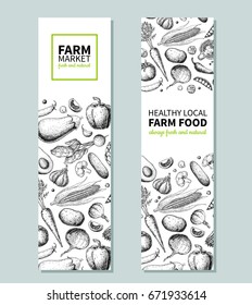 Vegetable hand drawn vintage vector banner. Farm Market poster. Vegetarian sketch of organic products. Detailed food drawing. Great for menu, template, brochure, label, logo, flyer, label